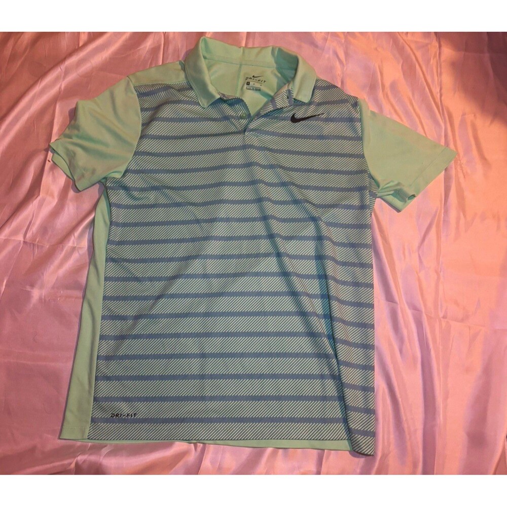 Nike Dri-FIT Men's Size M Short Sleeve Striped Golf Polo Shirt Mint Green Blue
